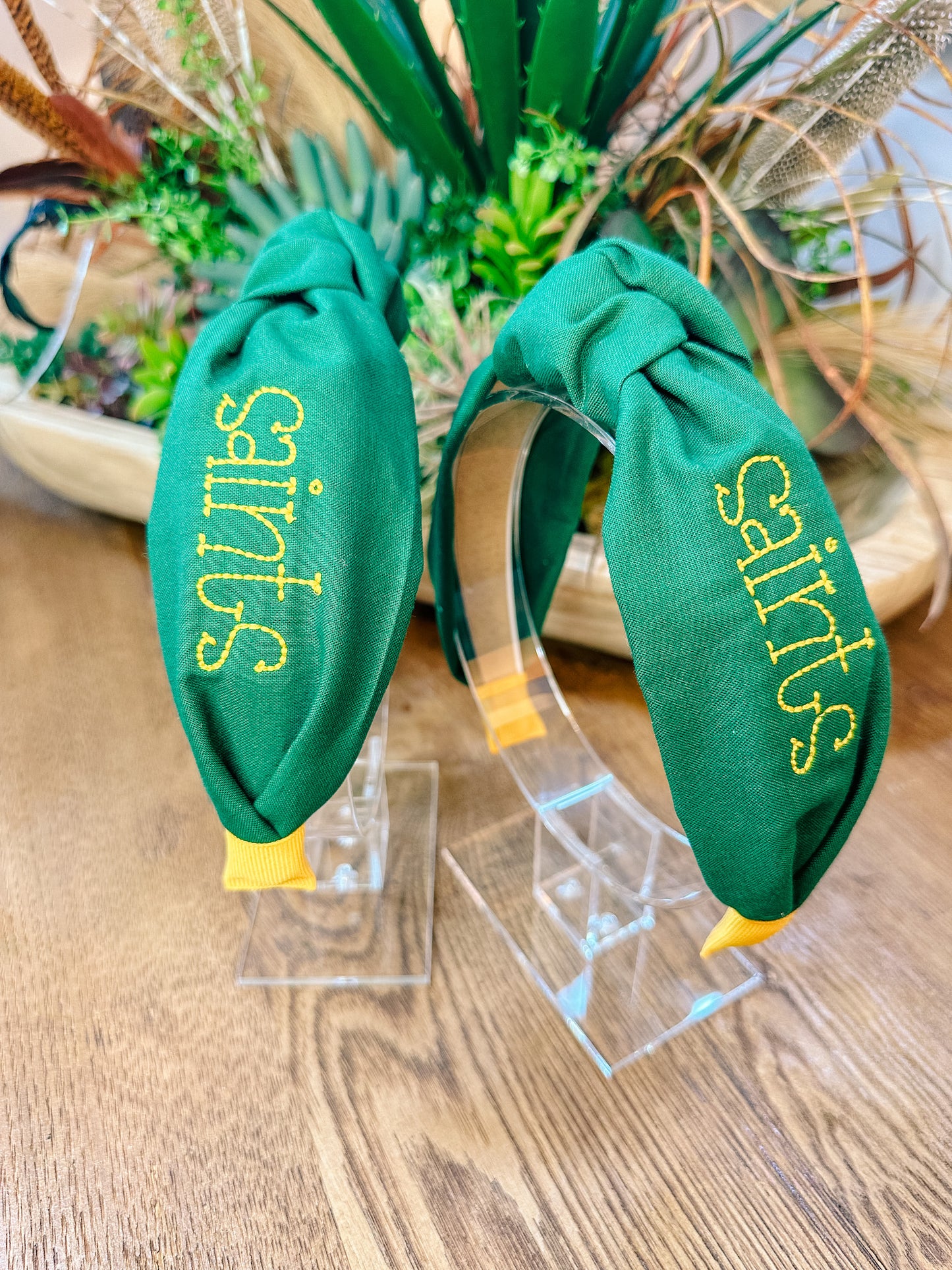 Solid Green w/ Yellow "saints" Monogrammed Headband