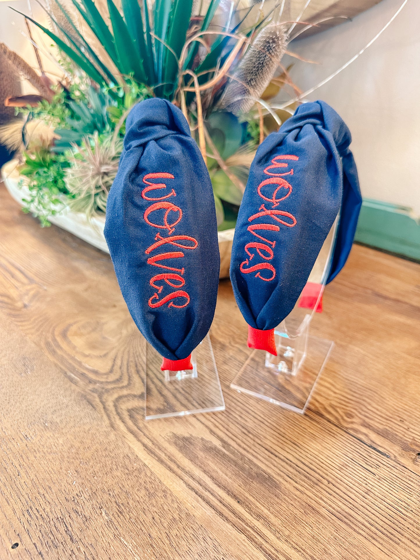 Solid Navy w/ Red "wolves" Monogrammed Headband