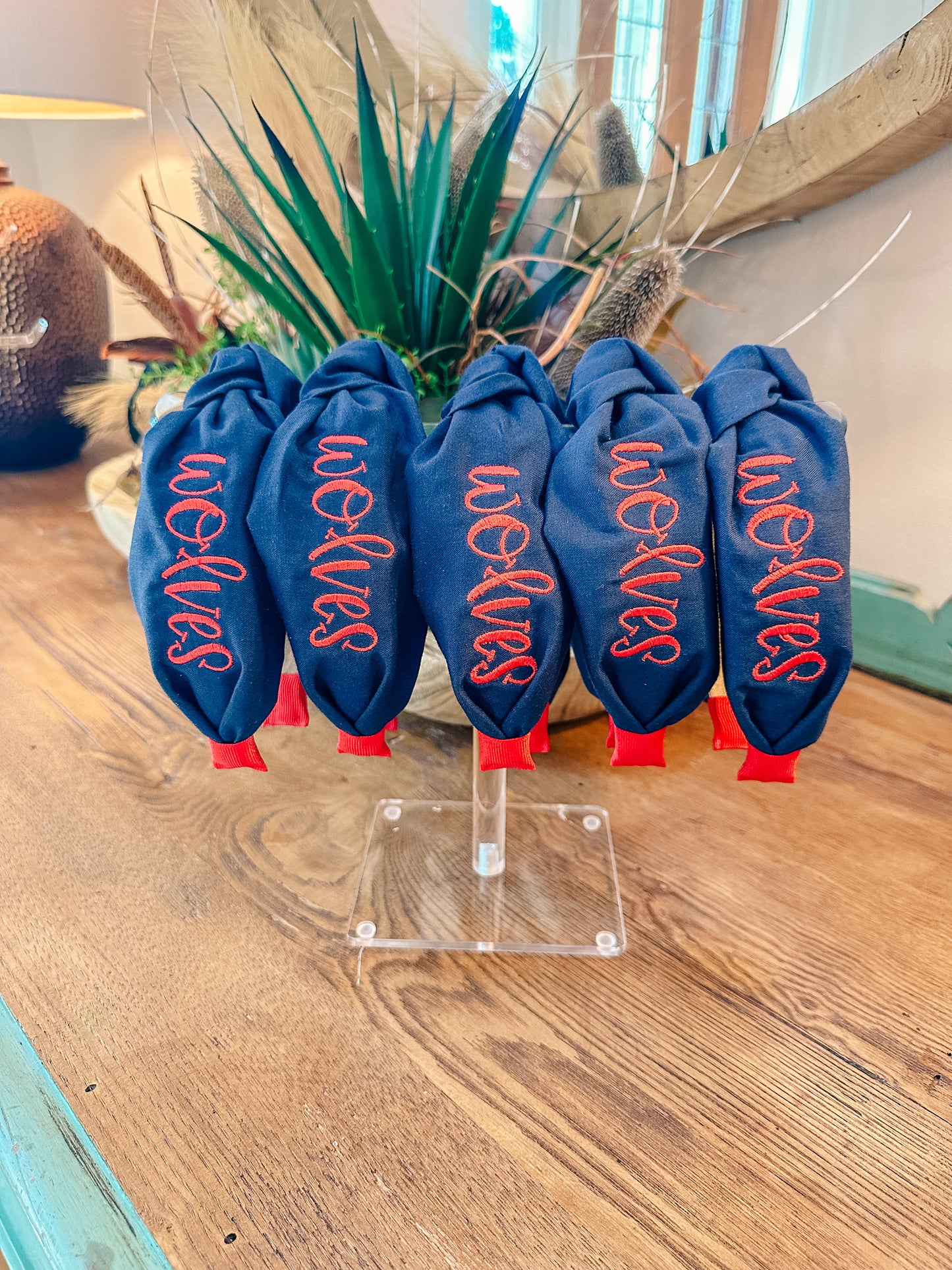 Solid Navy w/ Red "wolves" Monogrammed Headband