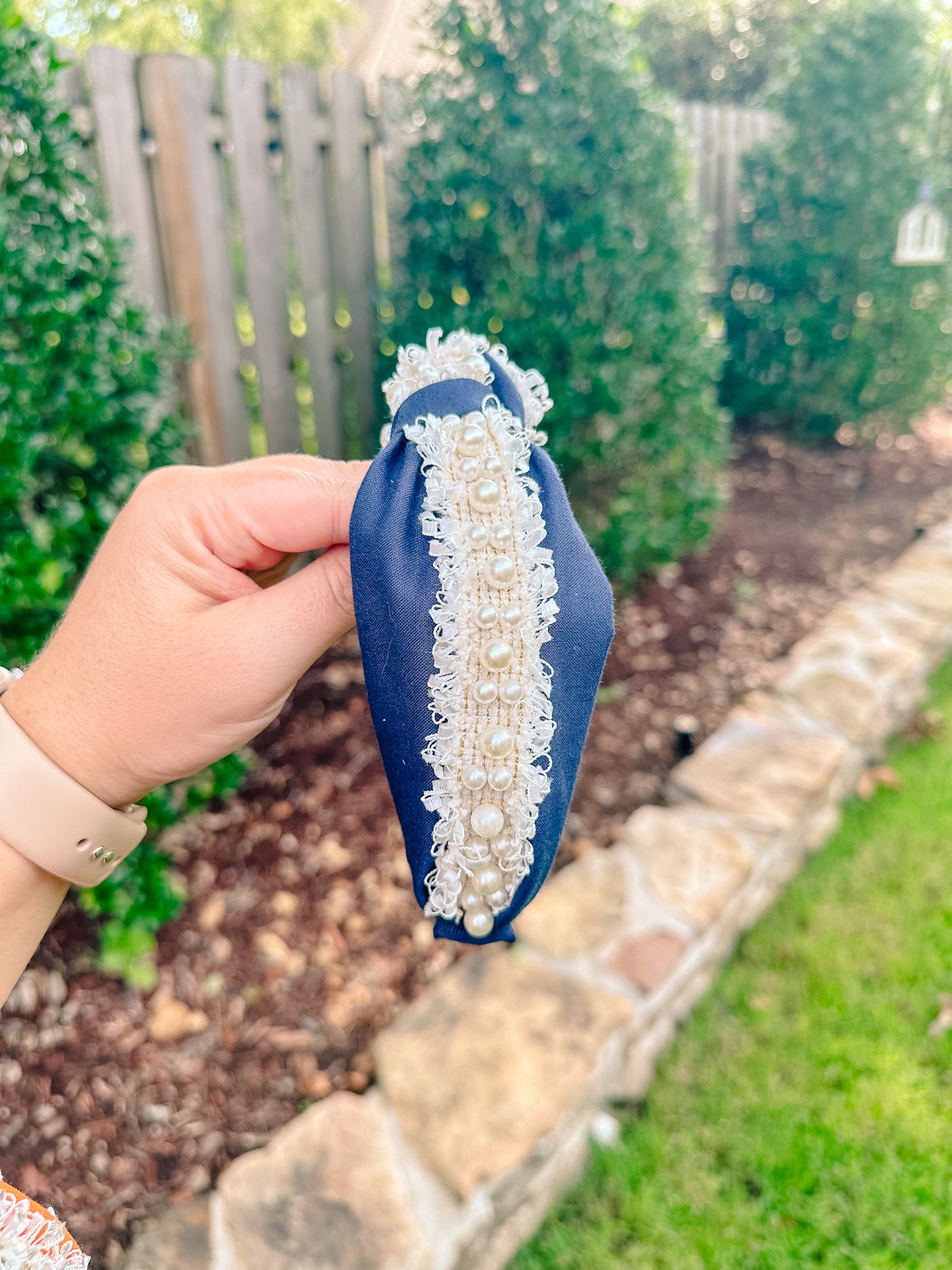 Navy with White Pearls Headband
