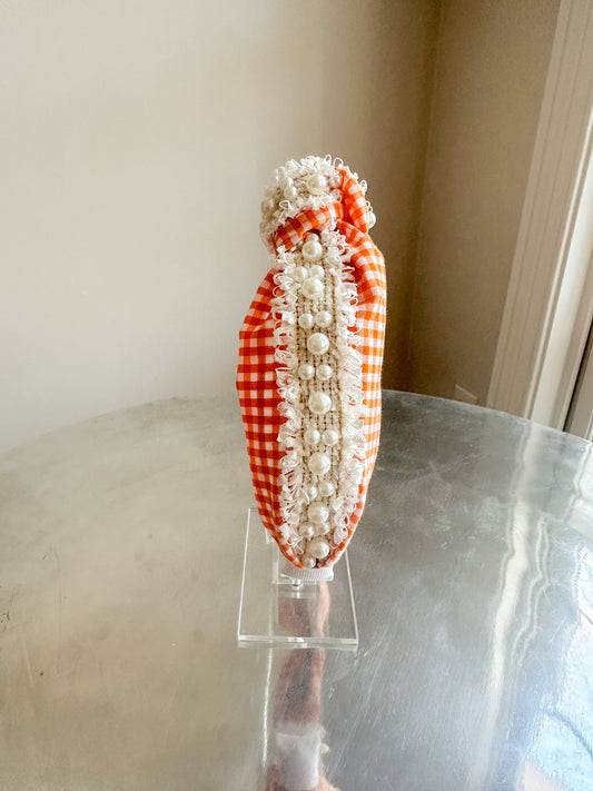 Orange Gingham with Pearls Headband